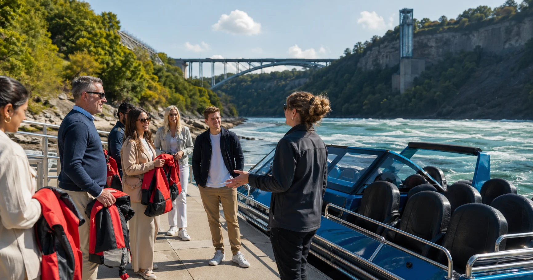 Travel group preparing for a Niagara River jet boat trip with a guide